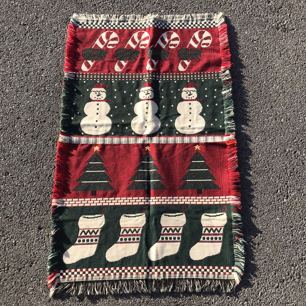 Christmas Holiday Fringed Tapestry Throw Lap Blanket Textile Wall Hanging 28x45